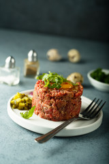 Homemade beef tartare with egg yolk