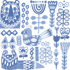  vector pattern with flowers and animals in nordic style