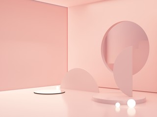 3d rendering, abstract cosmetic background. Show a product. Minimal scene with cylinder mirror and spherical lights  in the floor. Pink podium and stairs. Fashion showcase, display case, shopfront. 