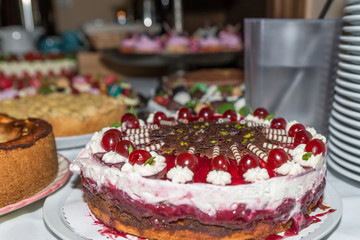 Nahaufnahme einer Erdbeersahnetorte garniert mit frischen Erdbeeren, Deutschland