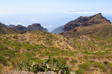 Wide panorama of the Teno mountains gorge serpentine road to the village of Maska in Tenerife with cacti in the foreground. Canary Islands. Spain.