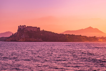 Ischia island in Italy view from the sea at sunset