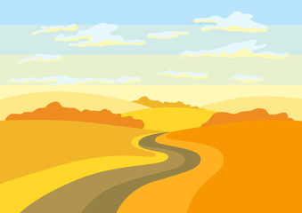 Autumn landscape with trees and hills.