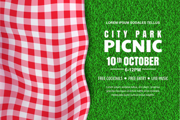Picnic horizontal background. Vector poster or banner template with realistic red gingham plaid on green grass lawn - 277172948