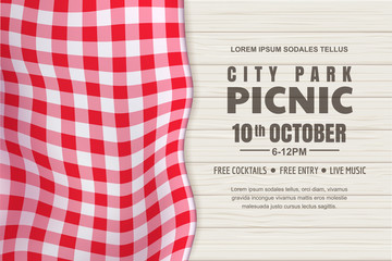 Picnic horizontal background. Vector poster, banner template with realistic red gingham tablecloth on white wooden table - obrazy, fototapety, plakaty