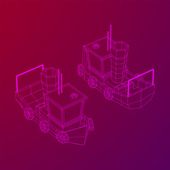 Fishing boat. Commercial fishing trawler for industrial seafood production. Vintage marine ship, sea or ocean transportation concept. Wireframe low poly mesh vector illustration