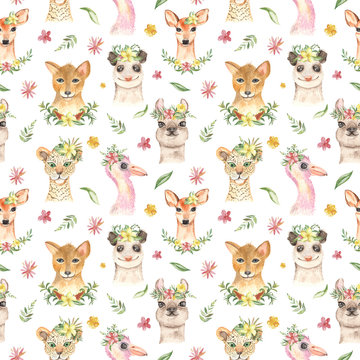 Watercolor seamless pattern with llama, possum, flamingo, toucan, coyote and tropical plants. Texture for wallpaper, fabric, textiles, packaging, baby shower, logo, prints, cover design, nursery.