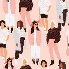 Fancy ladies dressed in trendy clothes standing in various poses. Fashion look.  Female faceless characters. Hand drawn colored vector seamless pattern. Pink background