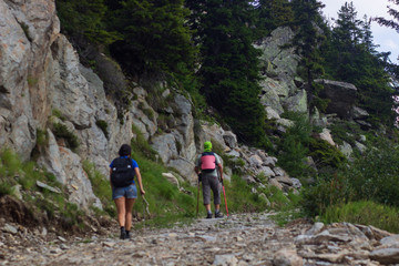 Group of hikers walking in mountains.