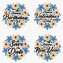 Greeting blue flower card message template for happy birthday, valentine's day, wedding and happy new year with flower wreath.