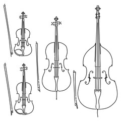 Set of simple bowed stringed musical instruments violin, viola (alto), cello, double bass drawn by lines. © vertyr