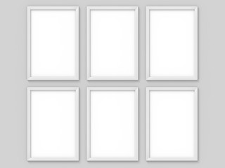 Set of 6 vertical A4 white simple picture frame. Mockup for photography. 3D rendering