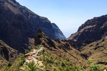 Wide panorama of the Teno mountains gorge serpentine road to the village of Maska in Tenerife. Canary Islands. Spain.