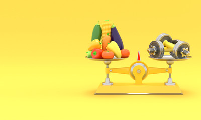 Fresh vegetables and dumbbells on different scales. Conceptual illustration with empty place for text. 3d rendering