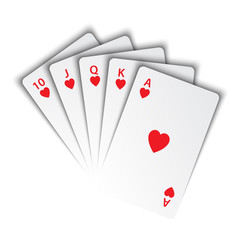 A royal flush of hearts on white background, winning hands of poker cards, casino playing cards, vector poker symbols
