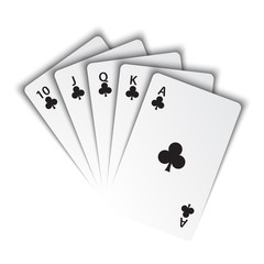 A royal flush of clubs on white background, winning hands of poker cards, casino playing cards, vector poker symbols