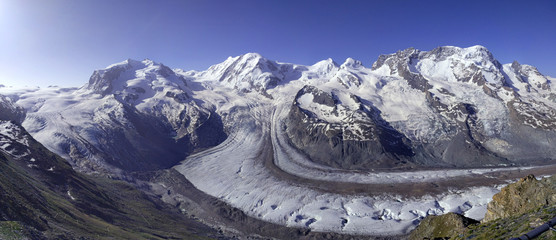 Panoramic view of the Gorner Glacier , in the Swiss Alps. View from Gornergrat .