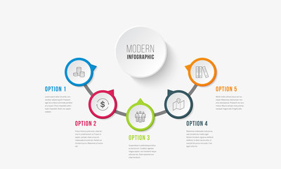 Business infographics timeline design template with icons and 5 steps. Can be used for workflow layout, diagram, annual report, web design