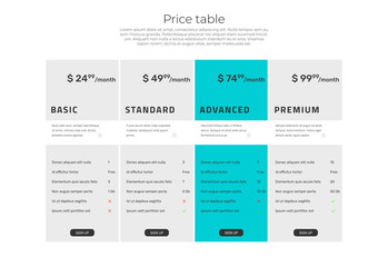 Web pricing table design for business. Vector illustration