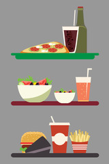 Cafeteria food flat vector illustrations set