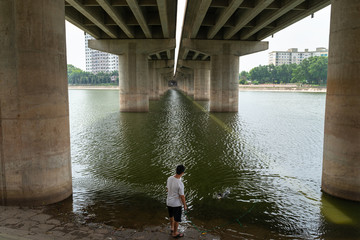 Man playing with his dog by lake under belt road no. 3 over Linh Dam lake in Hanoi, Vietnam