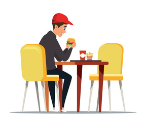 Young customer, student on lunch break flat vector illustration.