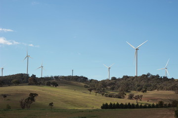 panoramic views of multiple windmills at a modern wind farm built on a green hill on a sunny blue...