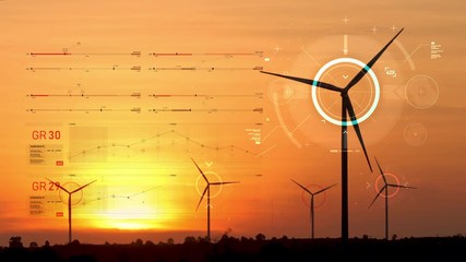 Silhouette wind turbine with User interface text graph bar and target pointer element futuristic eco alternate power renewable and cyber technology concept - Powered by Adobe