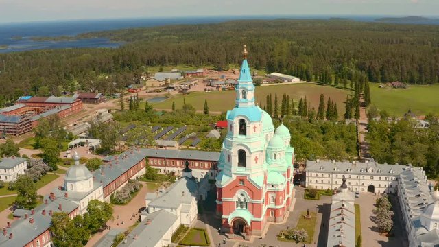 Scenic aerial view of Spaso-Preobrazhensky Cathedral of Valaam Monastery on Valaam island on Ladoga lake in Karelia. Beautiful summer sunny look of old orthodox temple on North of Russian Federation
