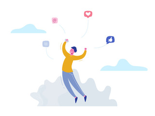 Vector concept man character chatting on phone in social media, network bubbles. Illustration design for web banner, marketing material, business presentation, online advertising