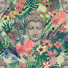 Seamless vintahe style vector pattern with Buddha head.