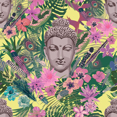 Seamless vintahe style vector pattern with Buddha head.