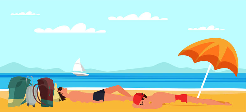 Sand beach recreation flat vector illustration