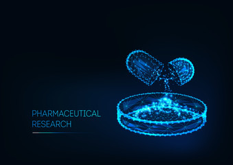 Fototapeta premium Pharmaceutical research concept with medicine pill and Petri dish and text isolated on dark blue.