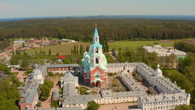 Scenic aerial view of Spaso-Preobrazhensky Cathedral of Valaam Monastery on Valaam island on Ladoga lake in Karelia. Beautiful summer sunny look of old orthodox temple on North of Russian Federation