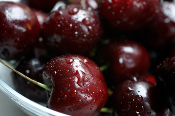 Closeup of fresh wet red cherries