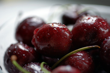 Colourful clean wet red cherries