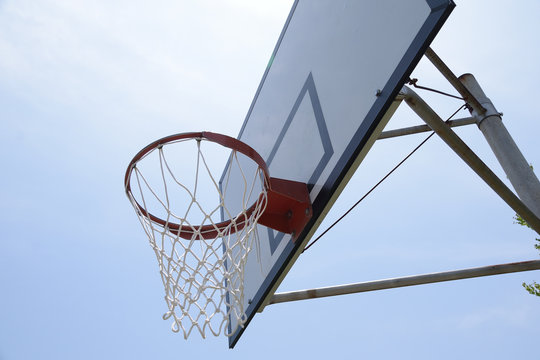 Basketball hoop and the blue sky.