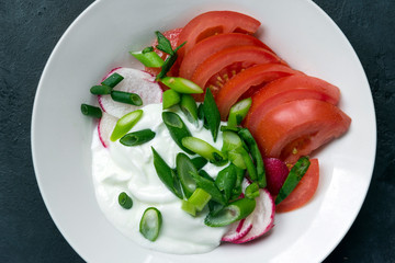  tomato, onion, radish, yogurt, ,salad, vegetables, fresh,