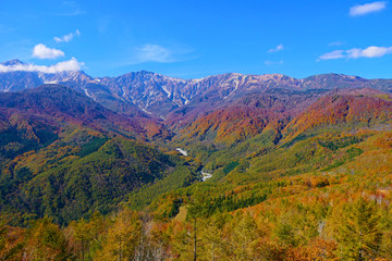 秋の北アルプス、白馬三山。中部山岳国立公園。白馬　長野　日本。10月下旬。