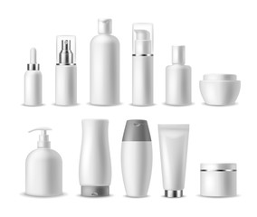 Realistic cosmetic package. White blank cosmetics bottles, containers. Beauty products. Spray, soap and cream, shampoo vector mockup