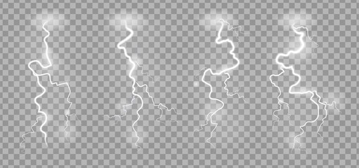 Storm lightnings. Blitz realistic electric sky lightning on transparent background with power strike effects vector illustration - obrazy, fototapety, plakaty
