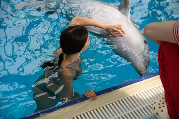 young beautiful brunette woman in a swimsuit swims and plays with a funny cute sea dolphin. Emotional rest in the water park. positive emotions, communication with marine mammals © evgeniykleymenov