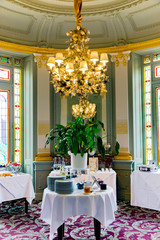 Beautiful design of the restaurant where served breakfasts in the chateau Grand Barrail in Saint - Emilion, Bordeaux, France