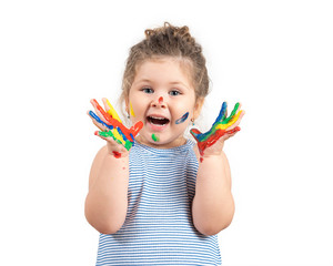  Smiling little girl with hands in the paint on white background