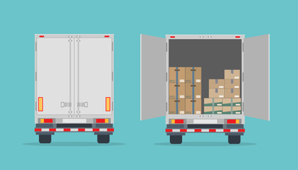 Open delivery truck with cardboard boxes and closed truck. Isolated on blue background. Back view. Transport services, logistics and freight of goods. Flat style, vector illustration.  © alazur