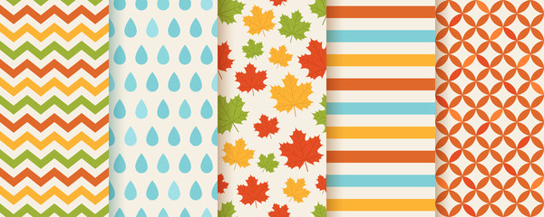 Autumn pattern. Vector. Seamless background with fall maple leaves, zig zag, rain drop and stripes. Set seasonal geometric texture. Colorful cartoon illustration. Flat design. Abstract wallpaper print