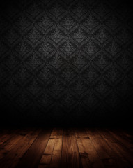 dark interior room with baroque wallpaper