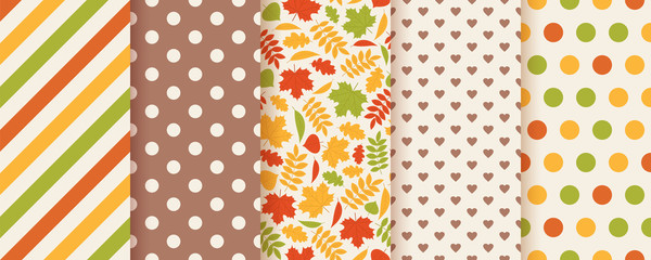 Autumn pattern. Vector. Seamless print with fall leaves, polka dot, stripes and hearts. Set seasonal geometric backgrounds. Colorful cartoon illustration. Cute abstract wallpaper textures. Flat design
