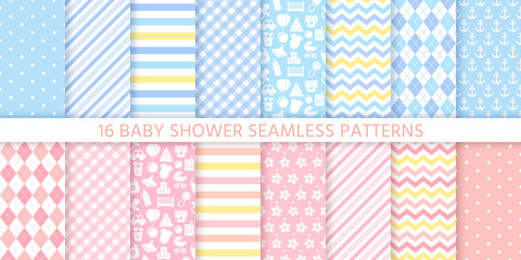 Baby boy girl pattern. Baby shower seamless background. Vector Blue pink childish textile print. Set cute pastel texture for invitation, invite template, card, birth party scrapbook. Flat illustration